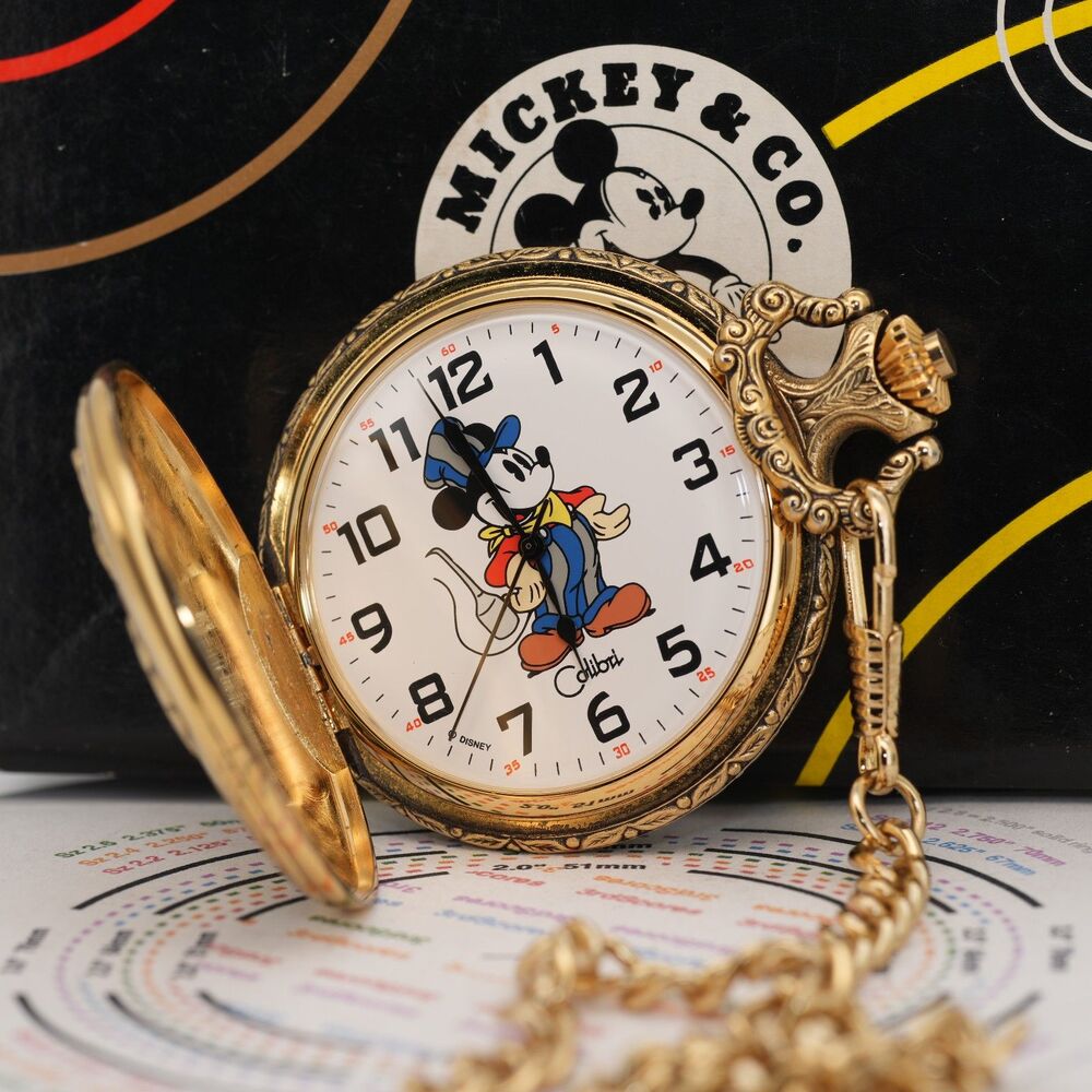 Gold Tone Colibri Oiler Mickey Mouse Quartz Pocket Watch Train Cover Box Chain